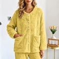 thumbnail image 5 of Women's Sleepwear Cardigan, Fleece Long Sleeve Button Front Jacket with Pockets, Warm Lounge Sleep Top, Cozy Home Indoor Wear | VerBelle,Yellow S, 5 of 9