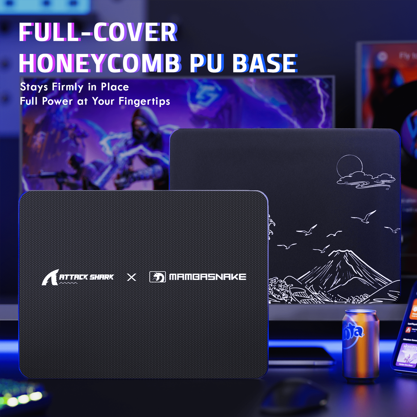 ATTACK SHARK CM05 SE Tempered Glass Mouse Pad, 16.1''×12.2'' Large Hard Gaming Mouse Pad, Nano-Etched Surface, 9H Anti-Scratch, Anti-Slip Base, Black Waves