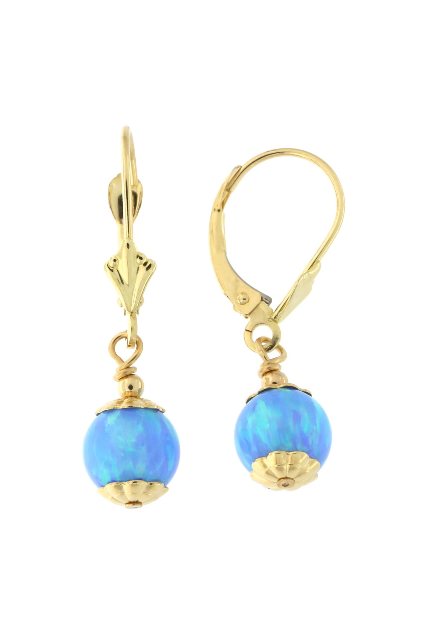 14k Yellow Gold 8mm Simulated Opal Leverback Dangle Earrings by