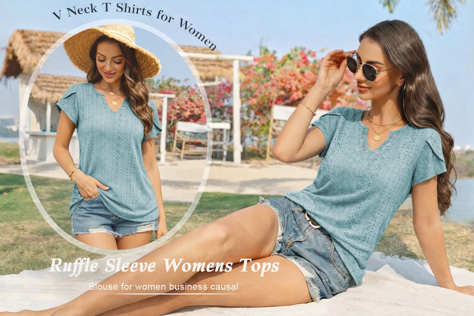 TEMOFON Women T-shirts Summer Short Sleeve Tops Casual Ruffle Sleeve Tunic Tops Trendy V Neck Tops Loose Ladies Shirts Blouses Blue 3XL
