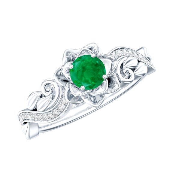 Rosec Jewels Nature Inspired Ring for Women, Emerald Flower Ring with Diamond (AAA Quality), 925 Sterling Silver, US 4.00