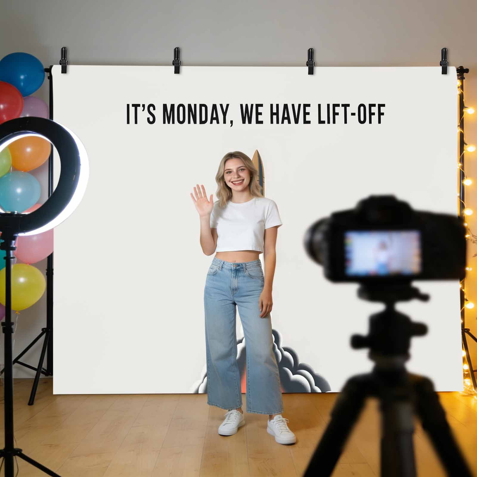 Rockets Launch Photography Backdrop 7x5FT, Letters IT'S MONDAY WE HAVE LIFT-OFF Grey Photo Backdrops, Background for Photography Studio Photo Studio Background, Back Drop for Photoshoot