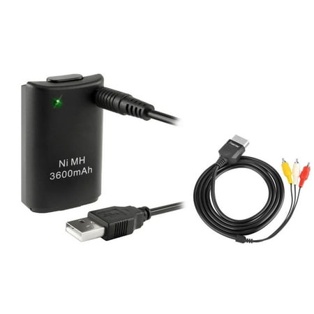 Insten Black Battery W/USB Cable+AV Audio Video Cable Cord For Microsoft Xbox (2-in-1 Accessory Bundle)