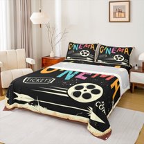 Manfei Cinema Tickets Twin Sheet Sets,Movie Time Twin Fitted Sheet,Nlack Beige Flat Sheet For Child,Breathable Home Decor,3 Pieces