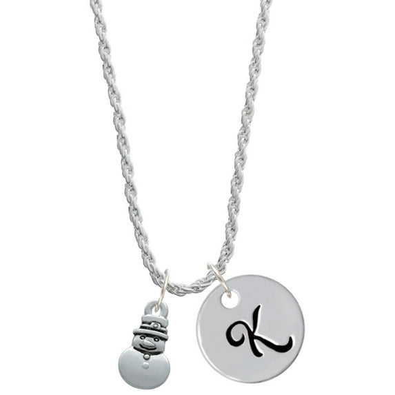 Delight Jewelry Silvertone Mini 2-D Snowman Silvertone Script Initial Disc - K - Charm Necklace, 20"+3"