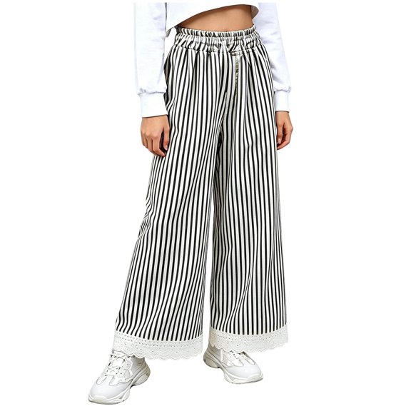 Girls' Wide Leg Pants Striped Loose Casual Trousers Flowy Boho Pants with Lace Hem Elastic Waist for Summer Lounge Vacation Wear