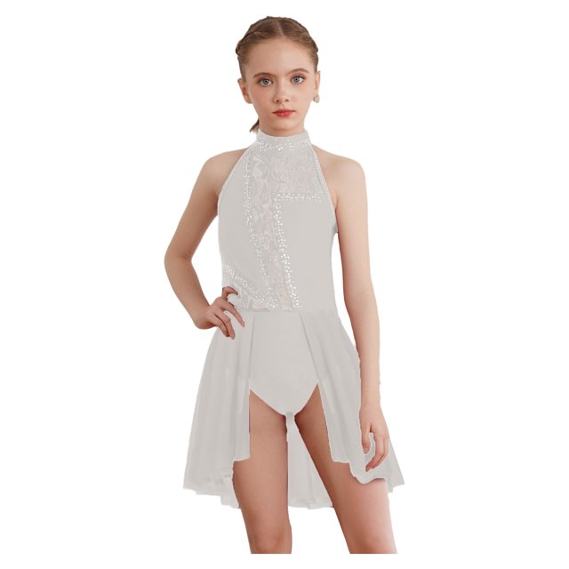 Jhaoyu Girls Lyrical Dance Dress Bodysuits Shiny Sparkle Rhinestones Stand Collar Floral Lace Ivory 14