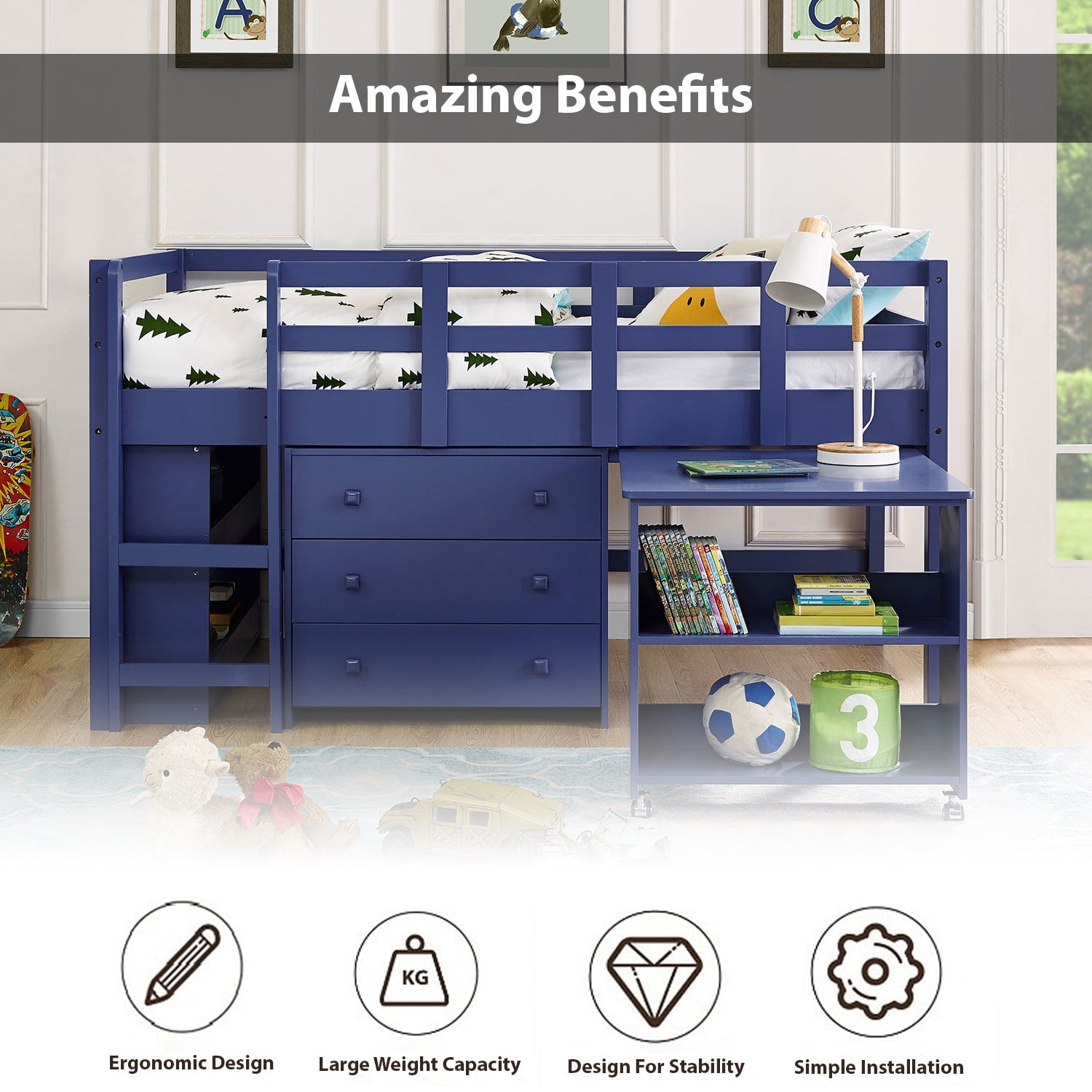 Twin Size Bed Study Kids Loft Bed with Desk and Storage Space
