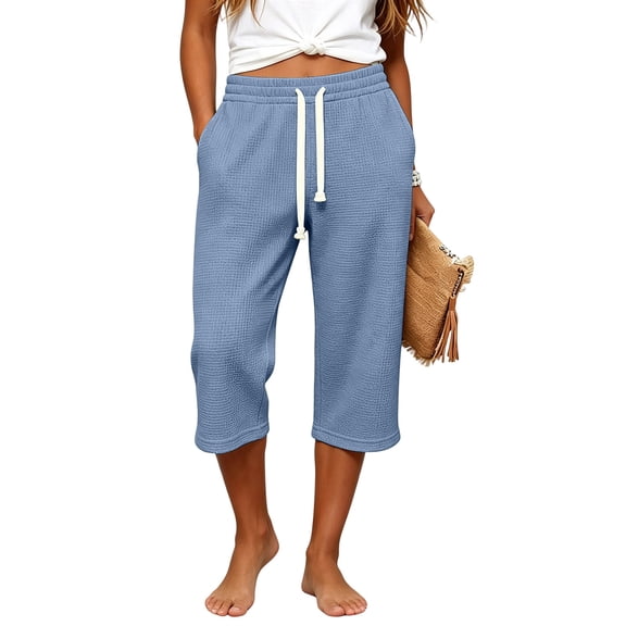 Women’s Waffle Capirs - Summer Straight Leg Elastic Waist Waist Bottoms - Loose Comfy Beach Vacation Casual Trousers