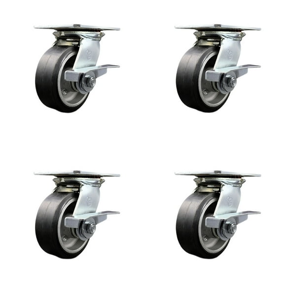 5 Inch Heavy Duty Rubber on Aluminum Caster Set with Roller Bearings and Brakes