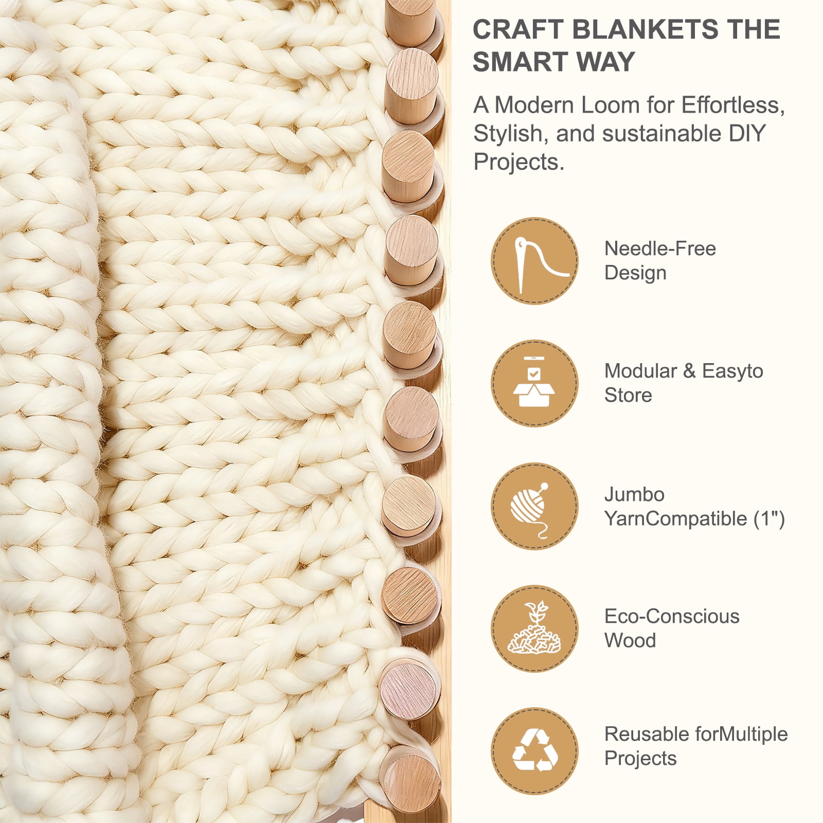 Wooden Chunky Blanket Loom, Portable Hand Knitting Loom, Expandable Connections for Beginners, Reusable for Bulky Yarn Crafts, Scarves ,Throw