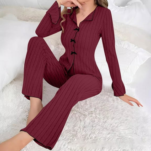BLCHUNen 2 Piece Pajamas Outfits for Women Ribbed Button down Long Sleeve Loungewear Lightweight Comfy Fall Winter Sets