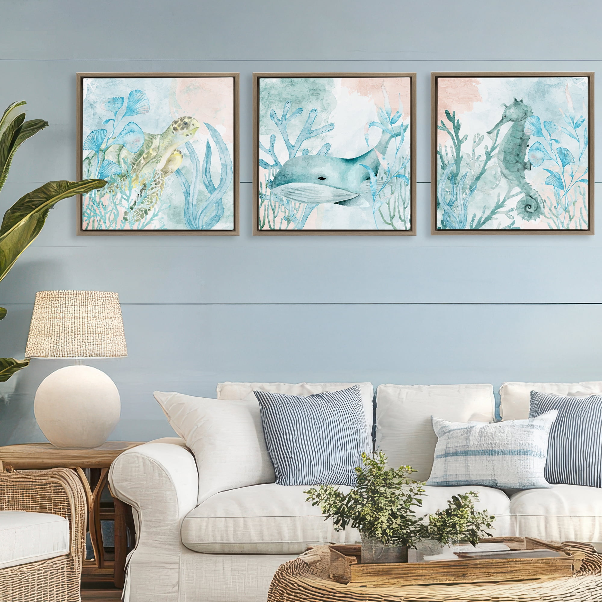 Stupell Industries Aquatic Animals Sea Swim 3 Piece Brown Framed Floater Canvas Set, design by Kim Allen