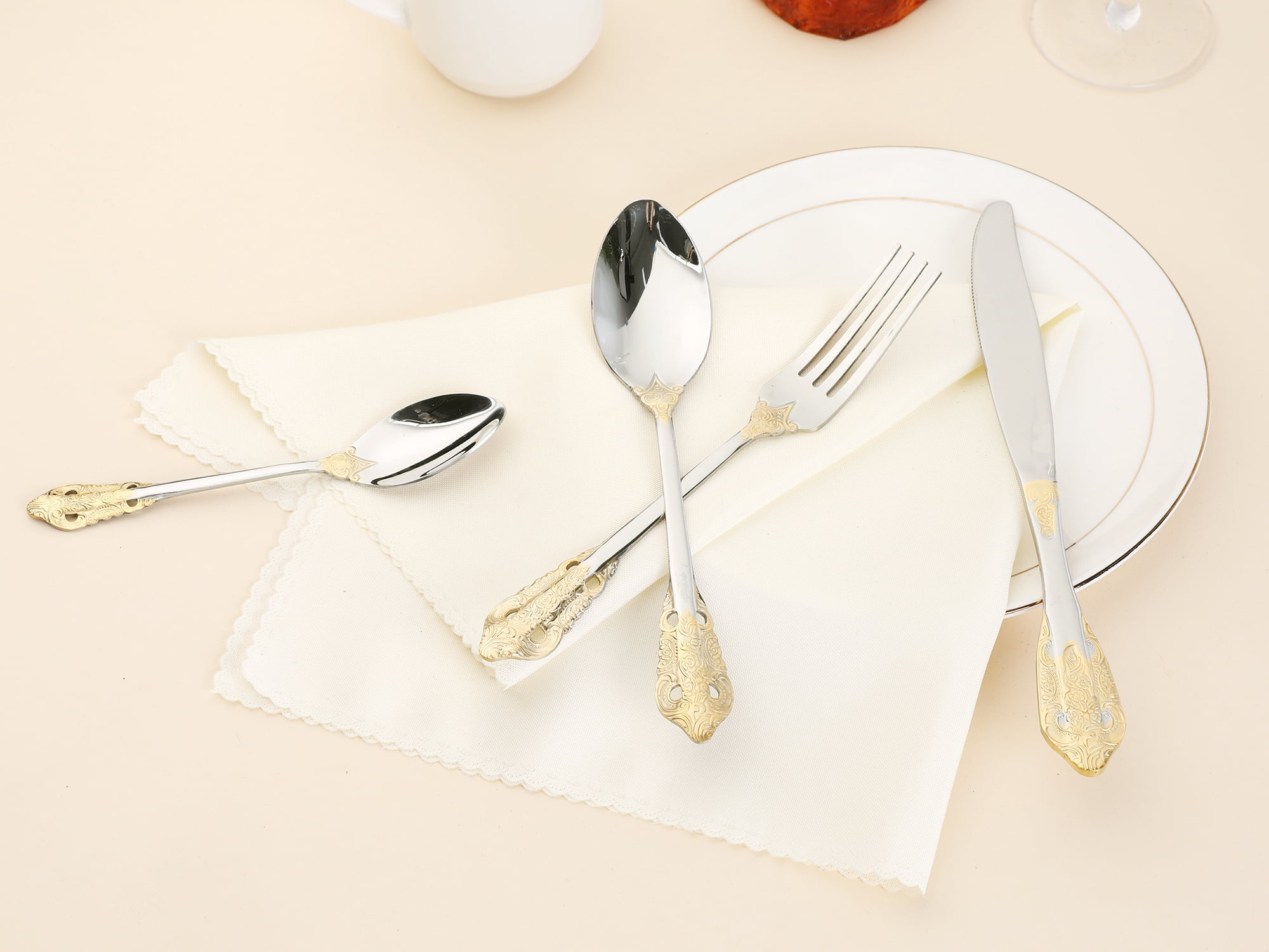 Unique Bargains Silverware Set Stainless Steel Flatware Silver Gold 4 Pcs