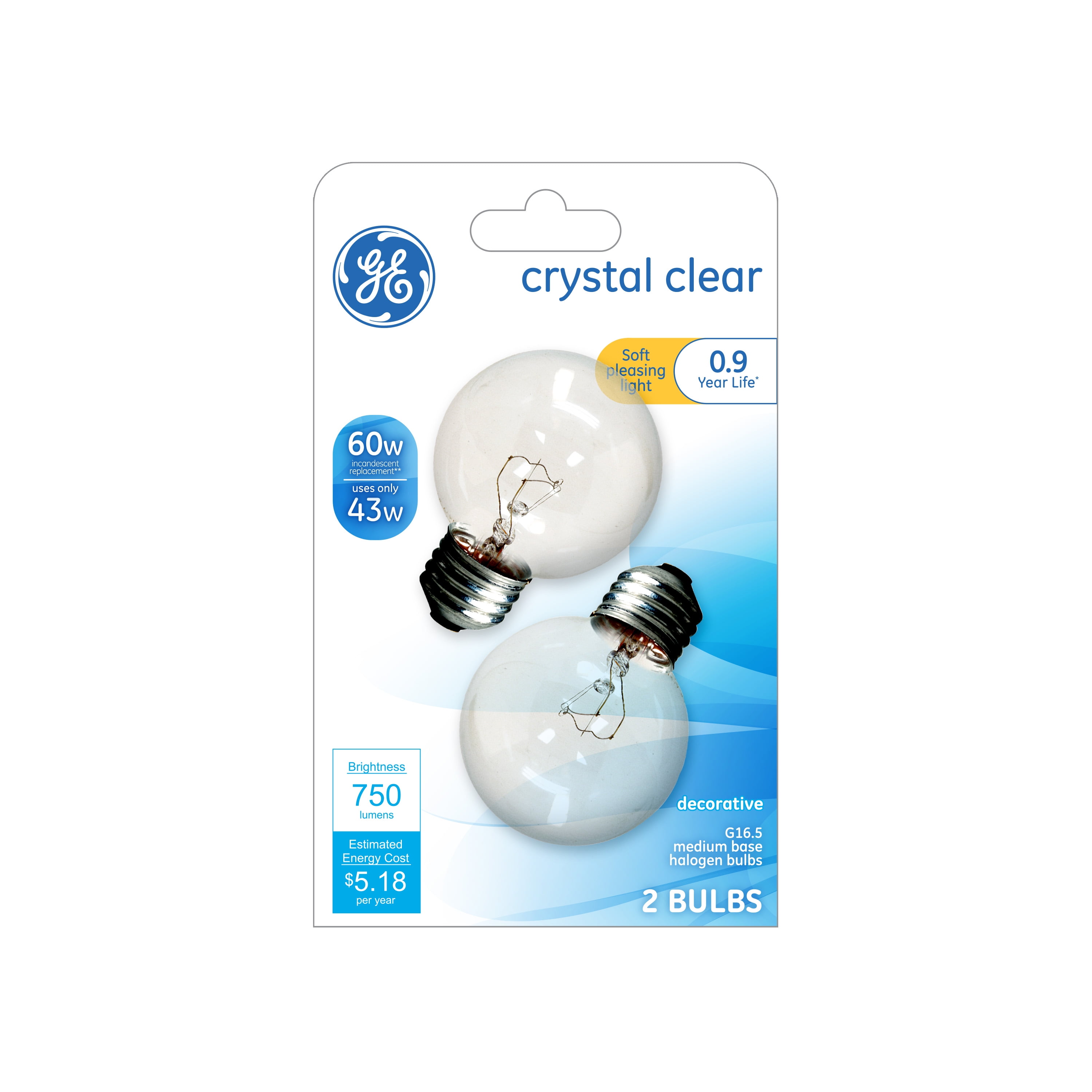 Crystal Clear GE Lighting 31109 Incandescent G16.5 Globe Bulb 40W 2-Pack 