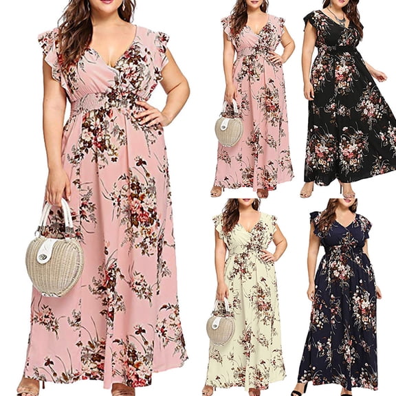 FRSASU Plus Size Dress for Women Short Sleeve V-Neck Summer Boho Casual A-Line Floral Boho Midi Dress Navy