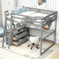 thumbnail image 2 of Full Size Loft Bed with Desk &amp; Shelves - Gray Pine Wood Frame, 2 Drawers, Modern Design for Bedroom or Home Office, 79.5"L x 57.1"W, 2 of 16
