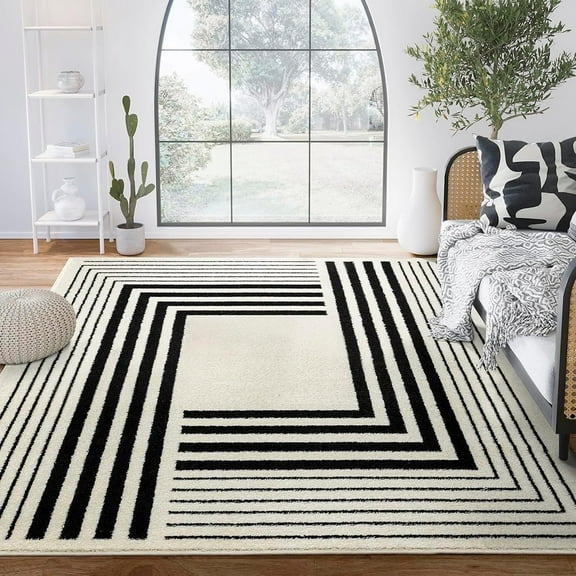 Abani Geometric Beige/Black Area Rug -4'x6' - Modern 3D Lines Design - Deco Collection - Easy to Clean - Durable for High Traffic Areas - Bedroom, Office & Kitchen - Medium Pile