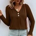 thumbnail image 2 of Wyobmus Women Fall Long Sleeve Tops Casual Oversize Solid Color Button-Up V Neck Ruched Blouse Shirt Top Size S-3X Brown, 2 of 6