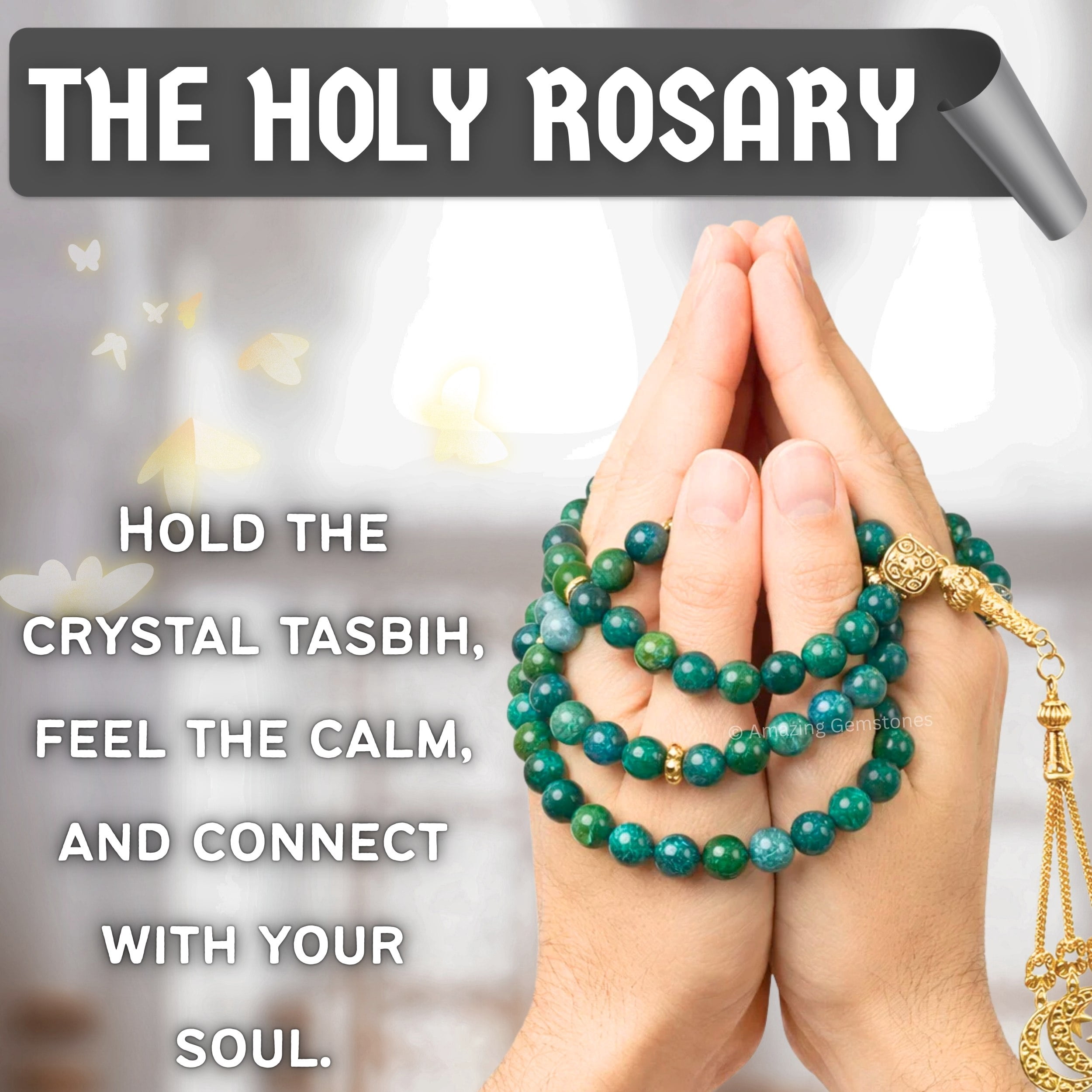 Moss Agate Crystal Tasbeeh Prayer Beads, Muslim Islamic Tasbih for Dhikr, Namaz and Ramadan Gift (Golden)