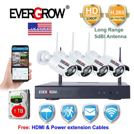 4 Channel H265+ Wifi NVR 1080p HD Wireless Outdoor Security IP Camera Video Home Surveillance System 1TB Hard Drive
