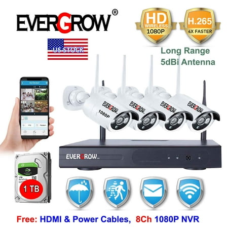 8 Channel New H265+ Long Range Wifi NVR and 4pcs of 1080p HD Wireless Outdoor Security IP Camera Video Home Surveillance System 1TB Hard Drive (CAM-WIFI-4CH-2MP-268)