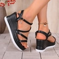 thumbnail image 3 of Platform Wedge Sandals Women Strappy Heels Open Toe Rhinestone Ankle Strap Pumps Shoes Casual Summer Dressy Shoes Black Size 7.5, 3 of 6