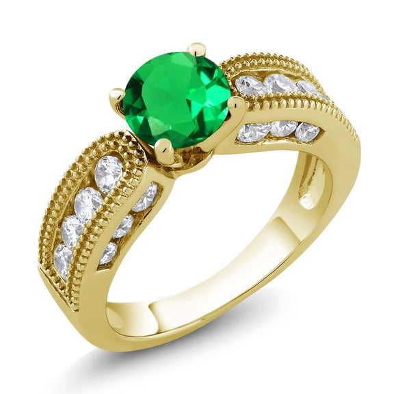 Gem Stone King 2.06 Ct Round Green Simulated Emerald 18K Yellow Gold Plated Silver Engagement Ring (Size 6)