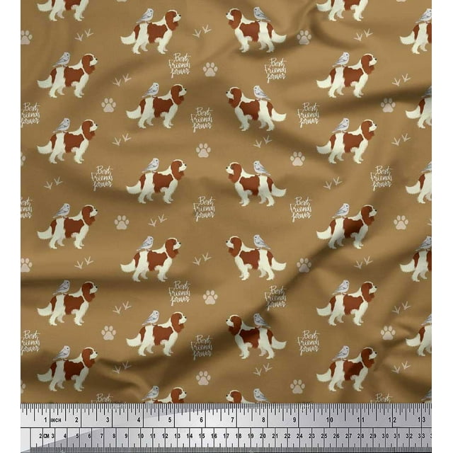 Soimoi Brown Cotton Voile Fabric Bird,Paw & Cocker Spaniel Dog Printed Craft Fabric by the Yard 56 Inch Wide