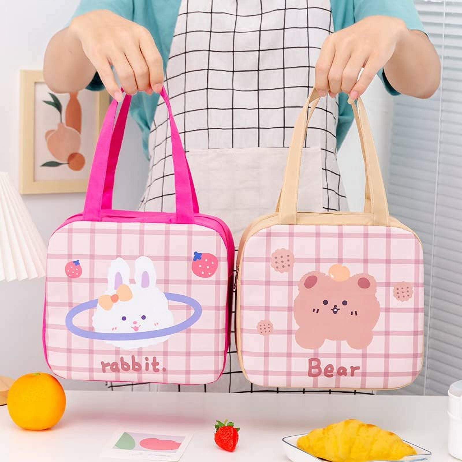 DanceeMangoo Kawaii Lunch Tote Bag Cute Embroidery Bear Insulated