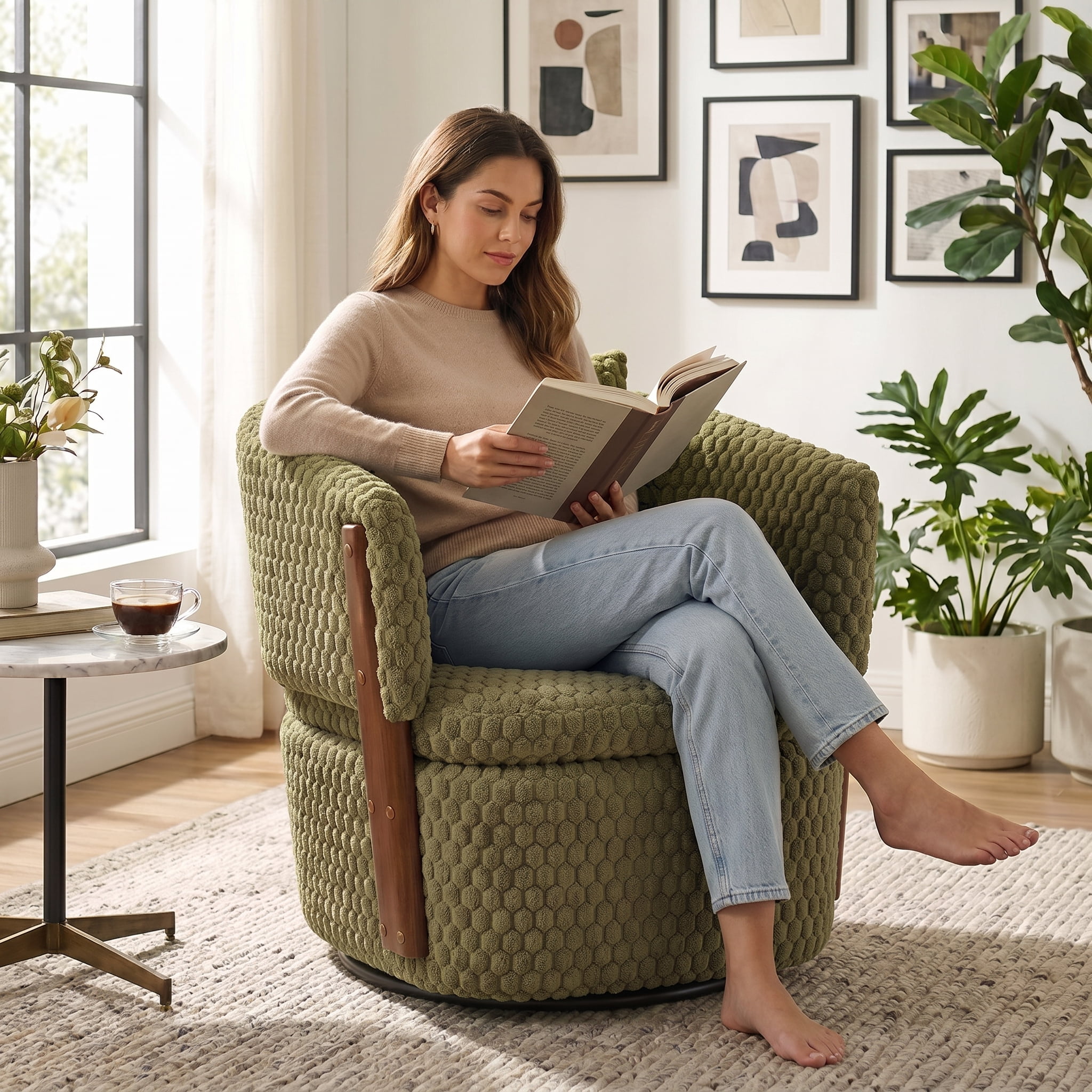 Aukfa Mid Century Modern 360 Swivel Accent Barrel Chair with Lumbar Pillow & Hidden Storage,Corduroy,Olive Green