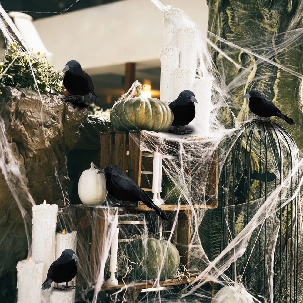 6PCS Halloween Black Crows Feathered Halloween Decorations Realistic