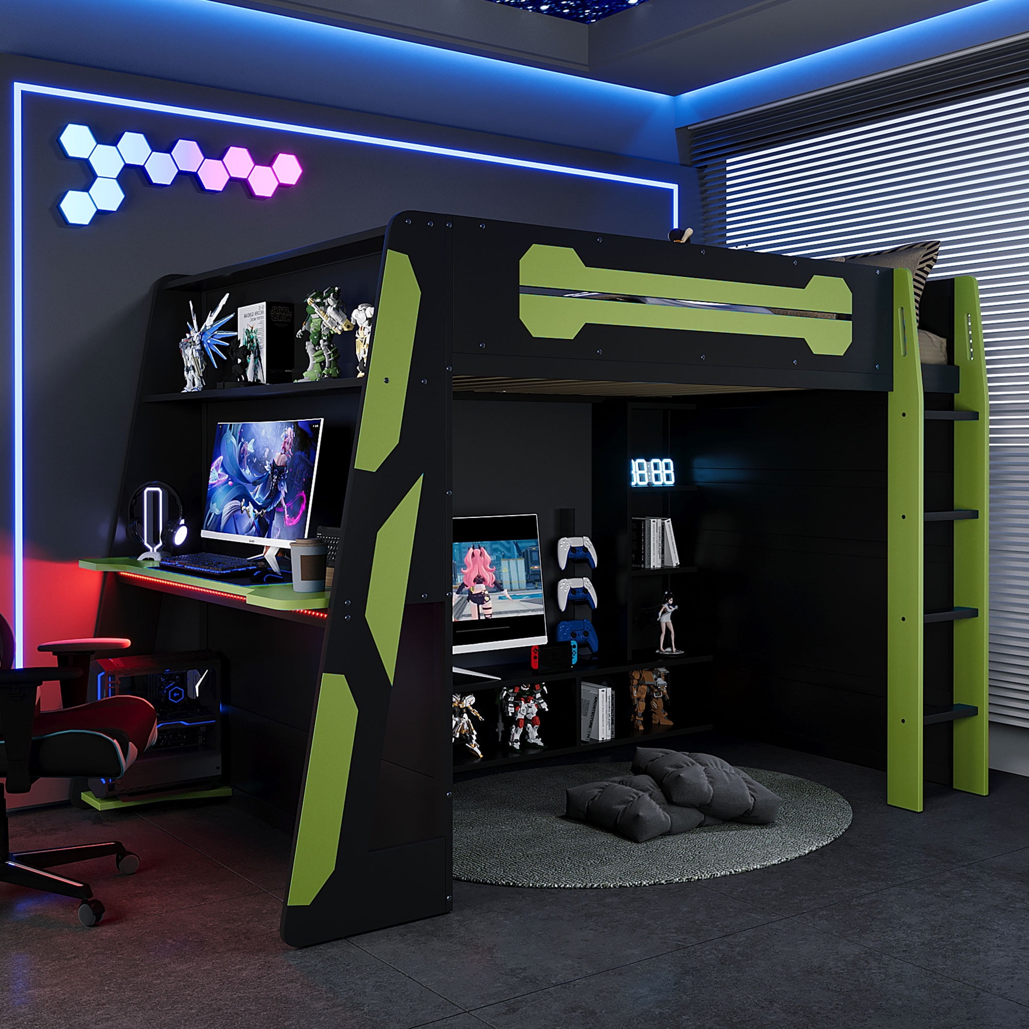 Noble House Full Size Wood Loft Bed with Desk, Green