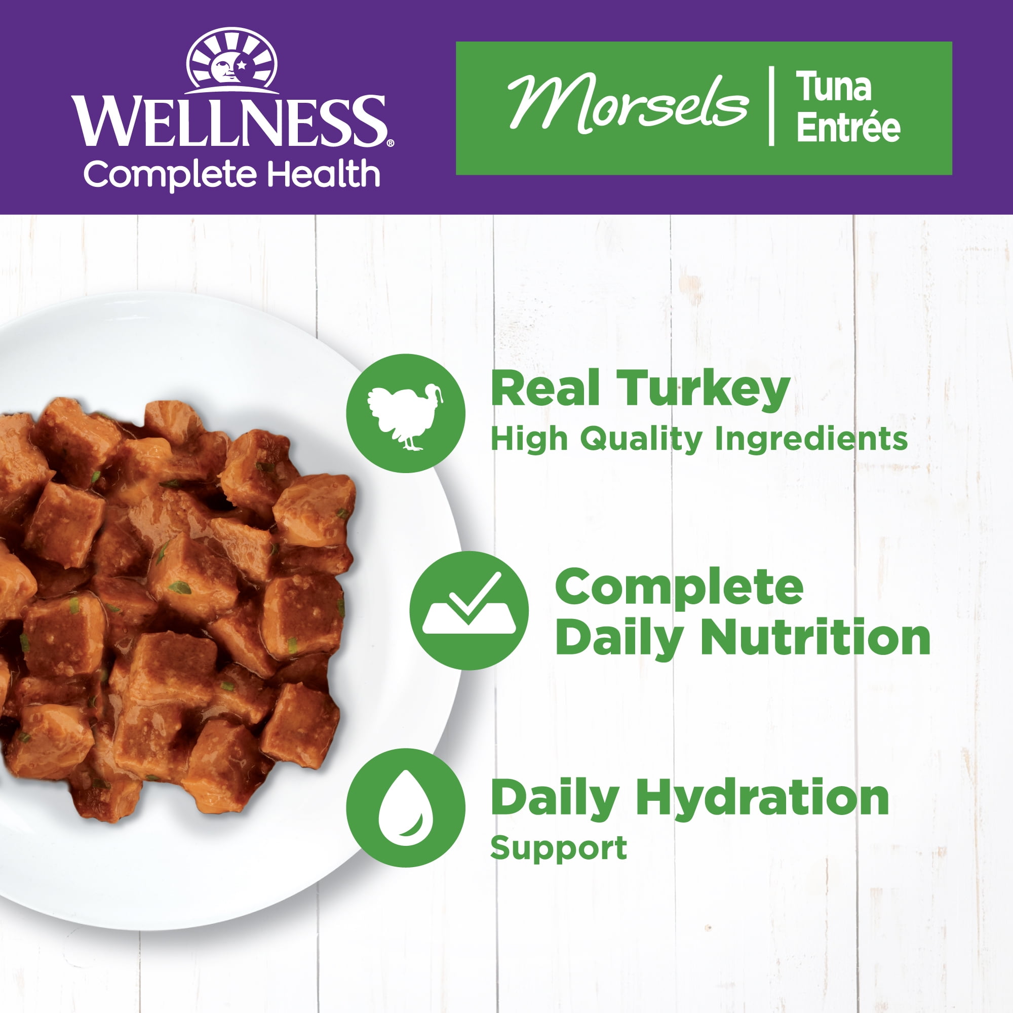 Wellness Complete Health Morsels Adult Canned Wet Cat Food, Natural, Protein Rich, Grain Free, Turkey Dinner Recipe, 5.5 oz, Pack of 24 Cans