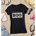 thumbnail image 3 of S4E Women's Distressed Boo Halloween Slim Fit V-Neck T-Shirt Large Black, 3 of 4