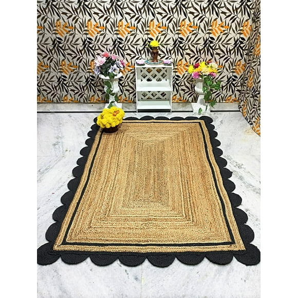 Indian Handmade Braided Natural Jute with Black Scalloped Design Area Rug, Home Décor Rug, Jute Rug for Bedroom, Dining Room, living room, Doormat Rug Size - 3' x 9' (90 cm x 270 cm)