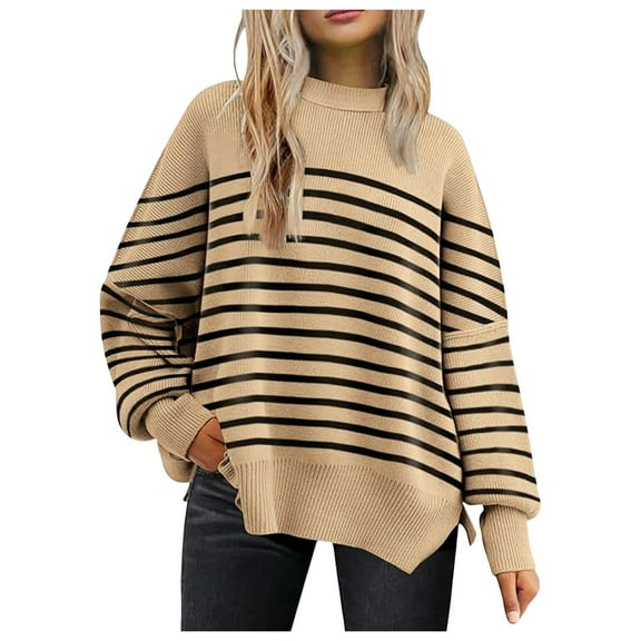 RMGVDSD Women's Crewneck Batwing Long Sleeve Sweaters Fall Oversized Ribbed Knit Side Slit Pullover Tops Solid Color Fashion Basic Sweater Tops /Khaki