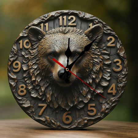 Wall Clock Decorative - Wild Brown Bear Print 2D Vintage Wall Clocks Battery Operated Silent Non-Ticking for Bedroom, Living Room, Kitchen, Office, Classroom, 10 Inch