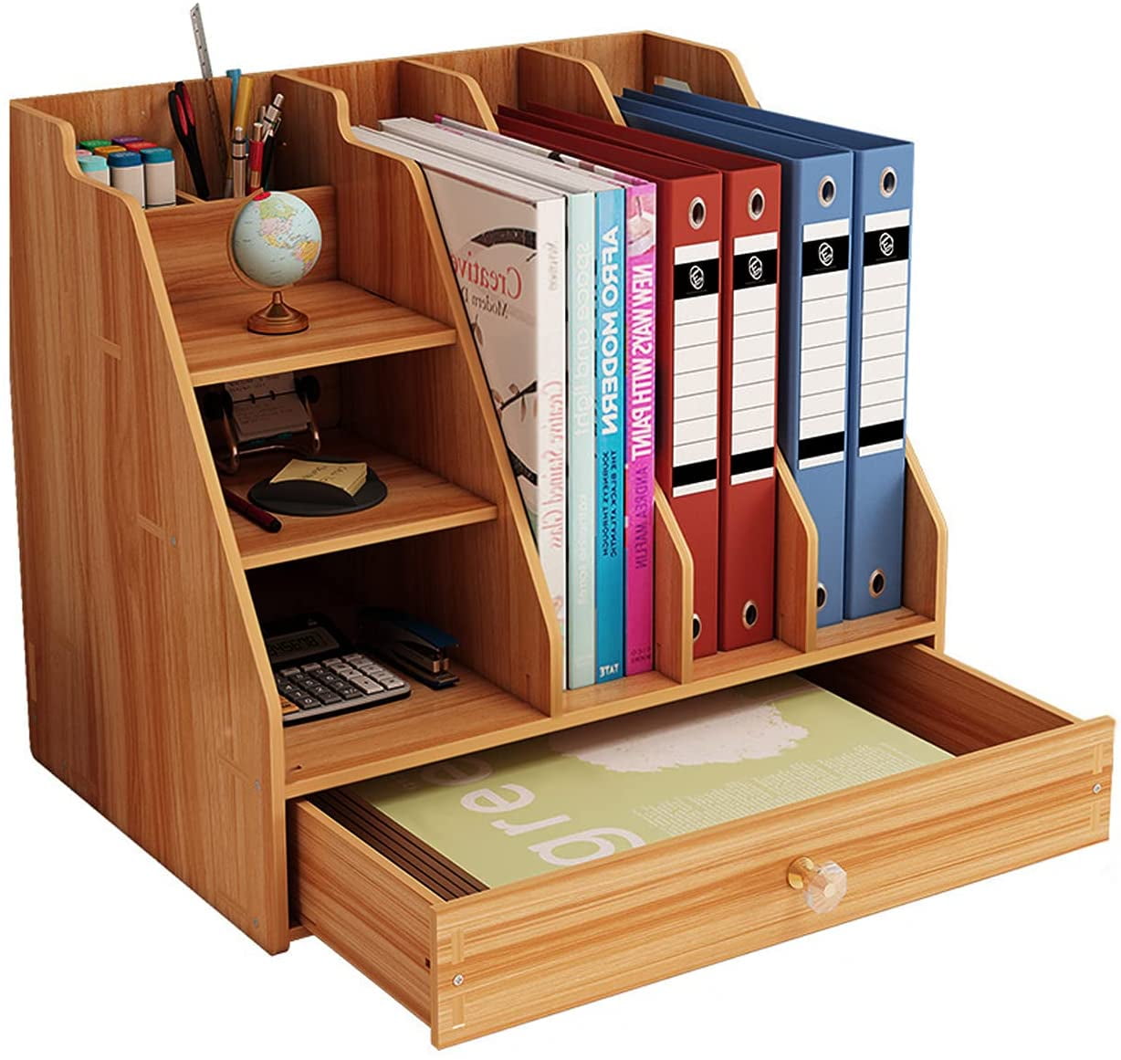 Wooden Desktop Organizer, Office Supplies Storage with Drawer, Multi