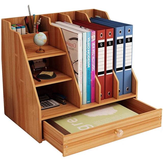 Organizador de escritorio de madera, almacenamiento de suministros de oficina con cajón, organizador de escritorio multifuncional, fácil montaje, para oficina Namotu WRJM-642