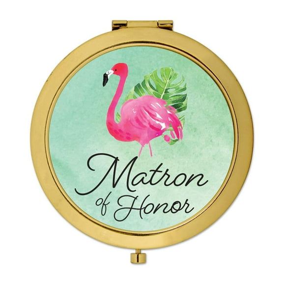 Koyal Wholesale Compact Mirror Matron of Honor Wedding Gift, Gold, Tropical Pink Flamingo, 1-Pack