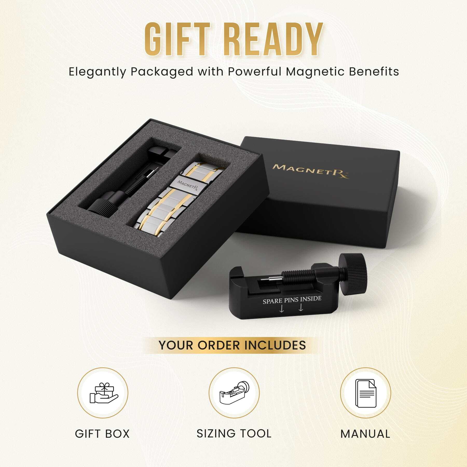 MagnetRX® Titanium Bracelet – Bracelets for Men – Premium Fold-Over Clasp & Adjustable Length with Sizing Tool (Silver & Gold)