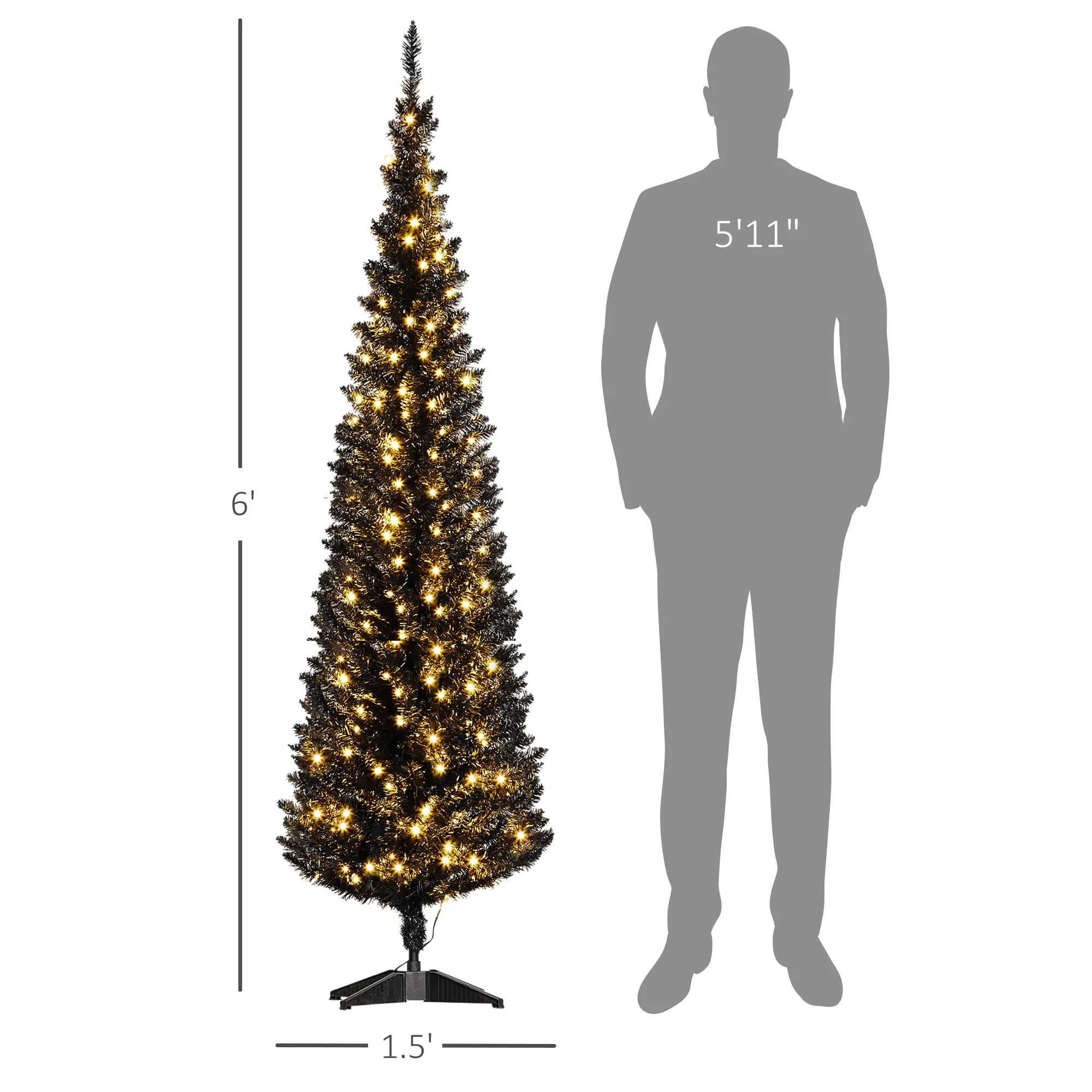 Black 6 ft Pencil Christmas Tree with 200 Warm White LED Lights
