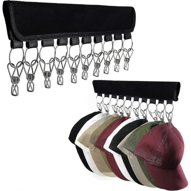SZTXJ Hat Organizer Holder for Hanger (2 Pack) Hat Storage for Bedroom and Closet, 10 Large Holder Clips for Hanging Baseball Hats, Baseball Caps, Win