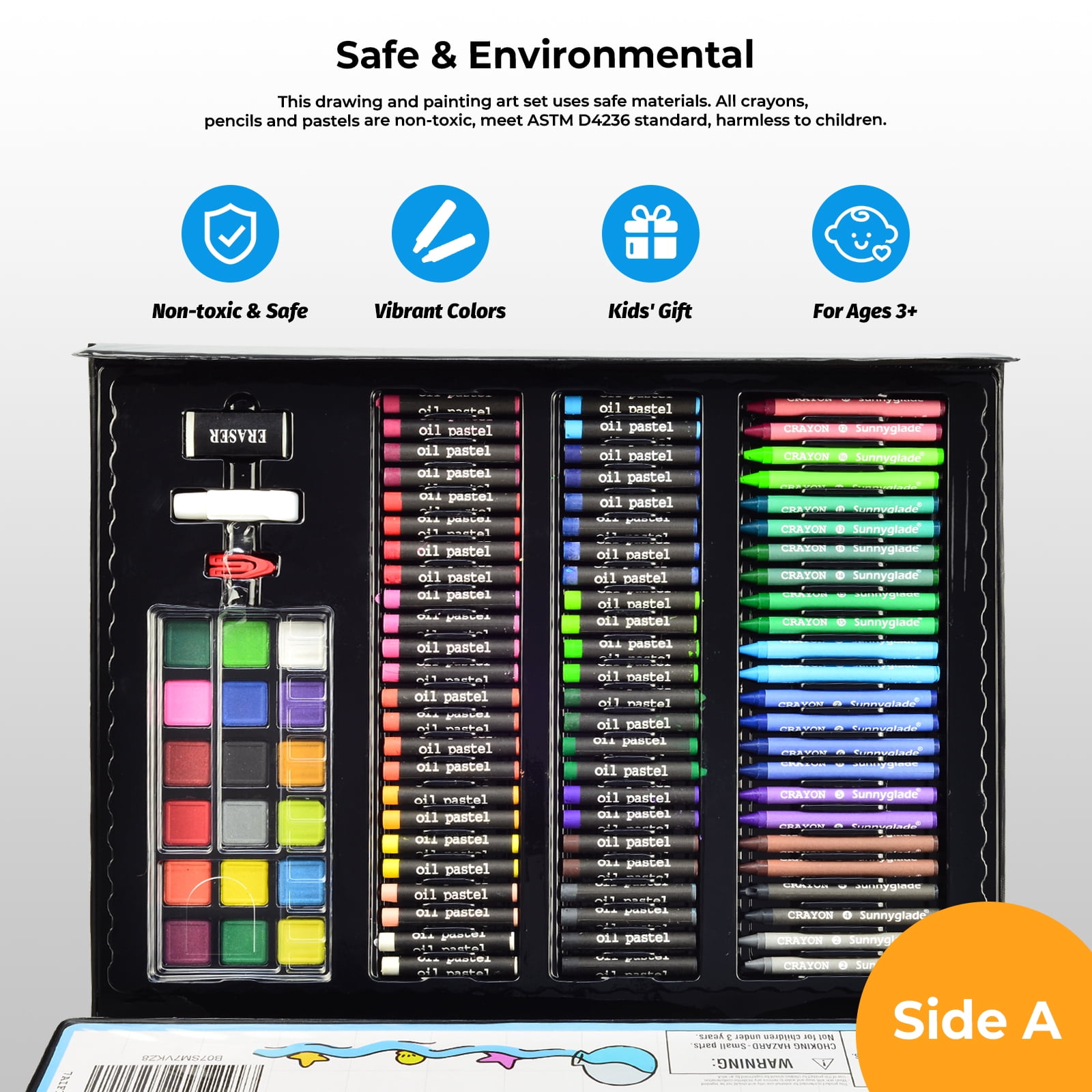Bibana 185 Pieces Drawing Art Set，Double Sided Trifold Easel Art Box with Oil Pastels, Crayons, Colored Pencils, Markers, Paint Brush, Watercolor Cakes, Sketch Pad (Black Art Supplies)