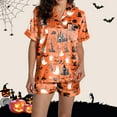 thumbnail image 7 of oqasdz Womens Halloween Pajamas Ghost Pumpkin Printed Silk Short Sleeve Button Down 2 Piece Loungewear Set Sleepwear, L, 7 of 7