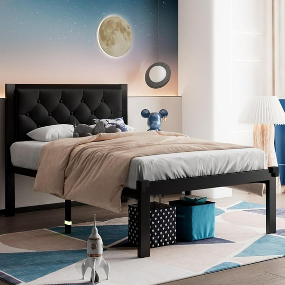 Honfach Twin Size Metal Platform Bed Frame with Faux Leather Upholstered Button Tufted Headboard, Black