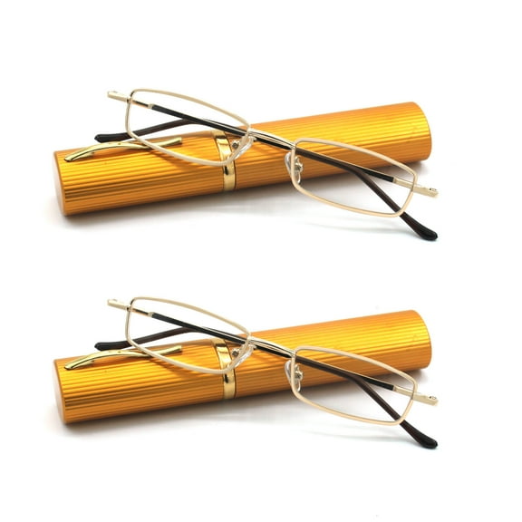 EYE ZOOM 2 Pack Ultra Slim Compact Lightweight Tube Reading Glasses with Portable Clip Aluminum Case, Gold Strength  3.50