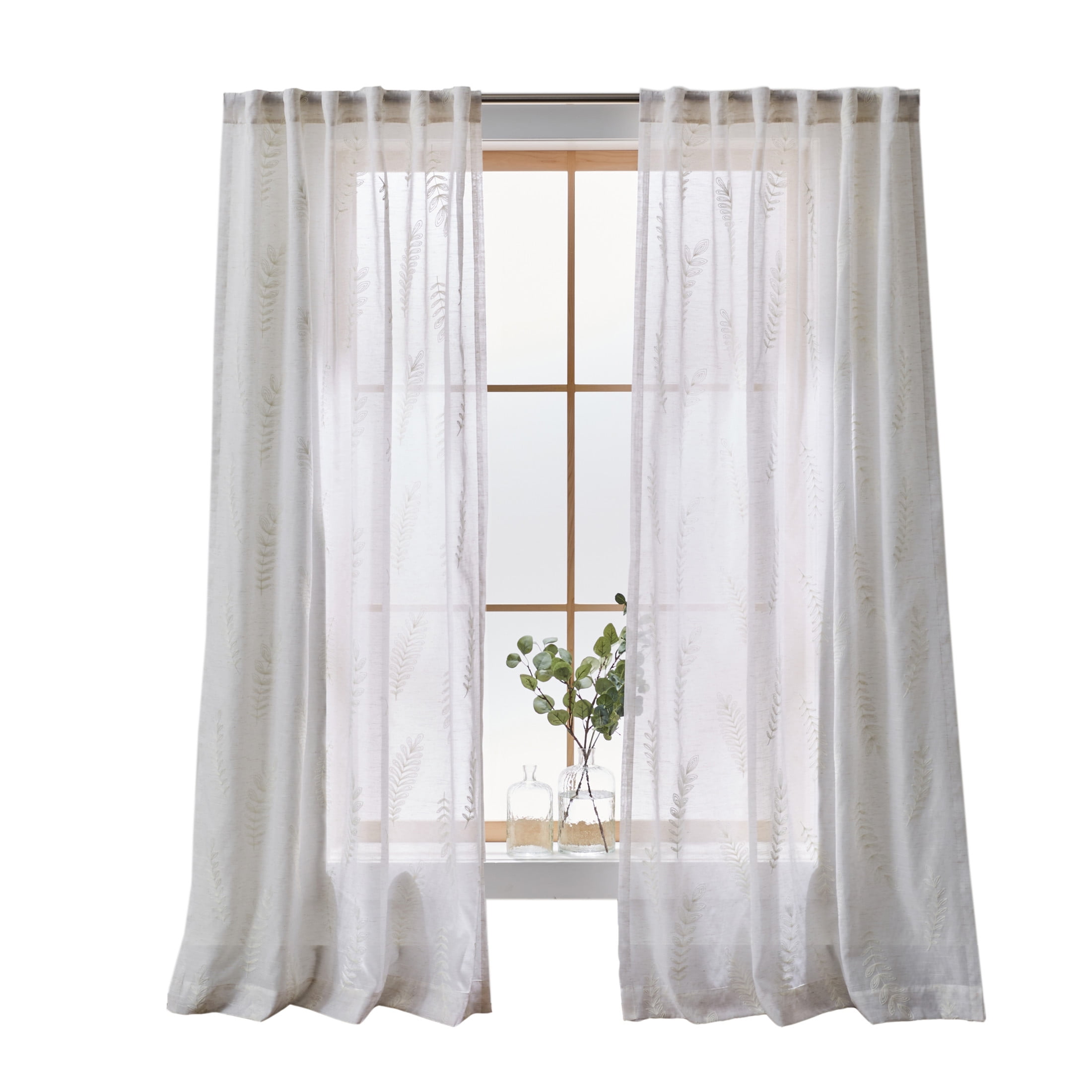 Better Homes & Gardens Embroidered Botanical Sheer Curtain, Single Panel, Vanilla Dream, 50" W x 84" L