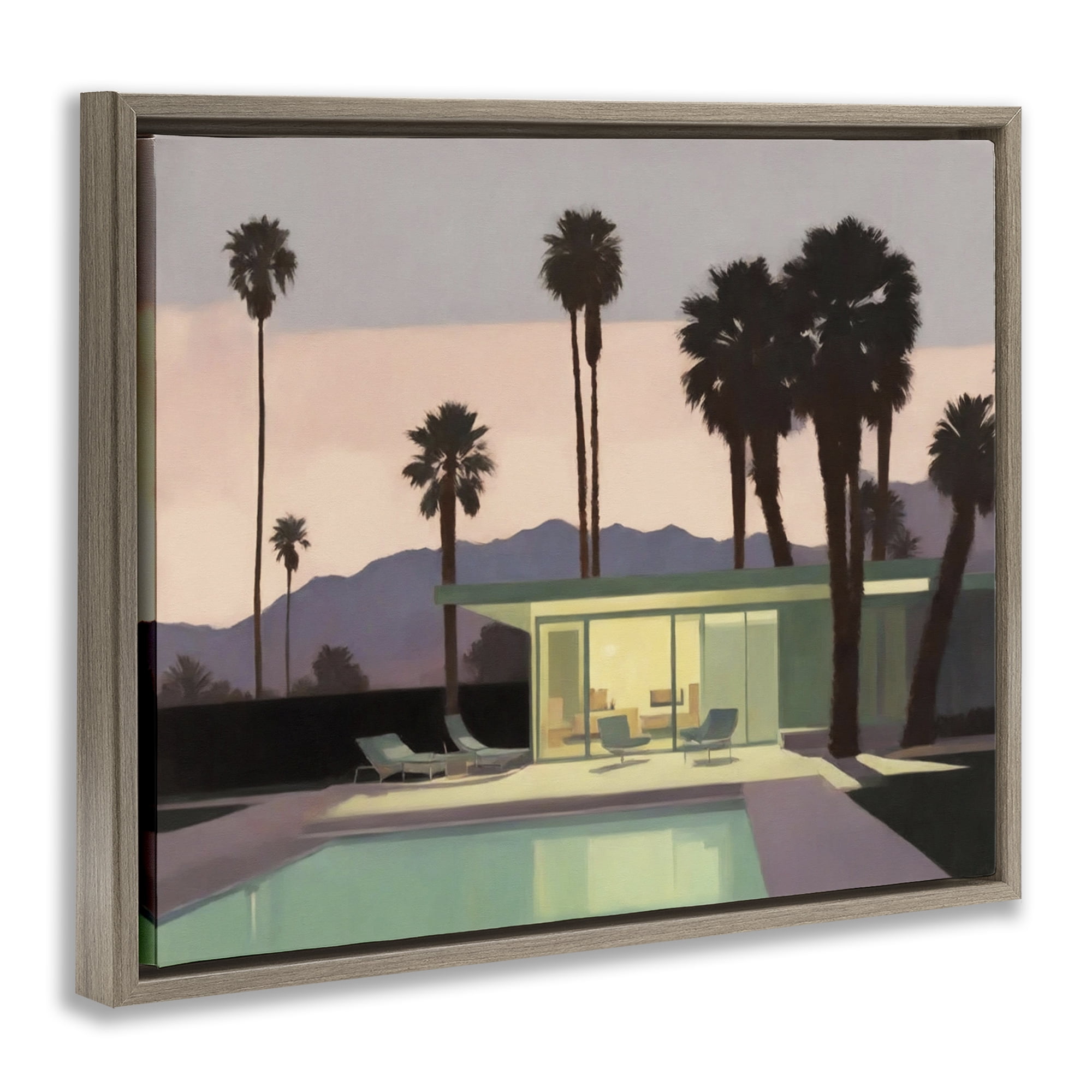 Stupell Industries Pool Surrounded by Palms Landscape & Nature Painting Brown Floater Framed Canvas Art Print Wall Art, 21 x 17